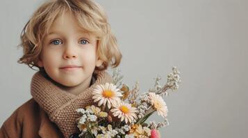 AI generated boy with flower bouquet on minimalist background with copy space photo