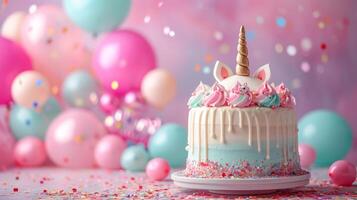 AI generated birthday unicorn cake with condles, balloons, confetti on minimalist vivid background with copy space photo