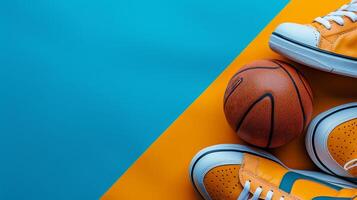 ai generado baloncesto pelota y zapatillas en minimalista vívido antecedentes con Copiar espacio foto
