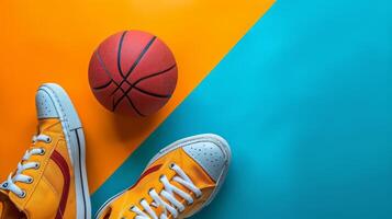 ai generado baloncesto pelota y zapatillas en minimalista vívido antecedentes con Copiar espacio foto