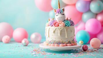 AI generated birthday unicorn cake with condles, balloons, confetti on minimalist vivid background with copy space photo