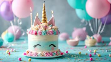 AI generated birthday unicorn cake with candles, balloons, confetti on minimalist vivid background with copy space photo