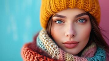 AI generated Close-up portrait of beautiful young brunette woman in knitted hat on minimalist vivid background photo