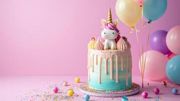 AI generated birthday unicorn cake with condles, balloons, confetti on minimalist vivid background with copy space photo