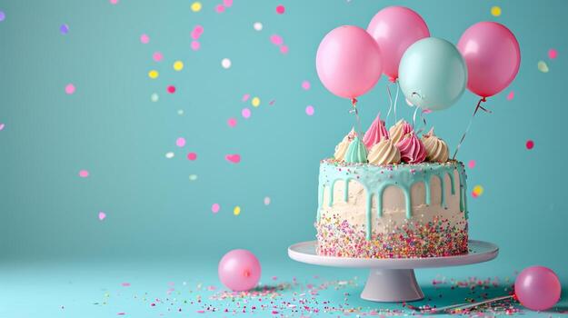 ai generado cumpleaños infantil pastel con condones, globos, papel picado en minimalista vívido antecedentes con Copiar espacio foto