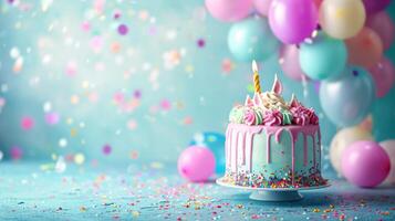 AI generated birthday unicorn cake with condles, balloons, confetti on minimalist vivid background with copy space photo