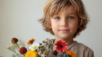 AI generated boy with flower bouquet on minimalist background with copy space photo