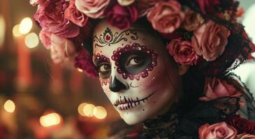 AI generated a woman is dressed up in a sugar skull outfit and has roses photo