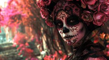 AI generated a woman is dressed up in a sugar skull outfit and has roses photo