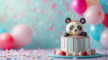 AI generated birthday panda cake with condles, balloons, confetti on minimalist vivid background with copy space photo