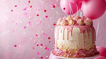 AI generated birthday pink and gold cake with condles, balloons, confetti on minimalist vivid background with copy space photo
