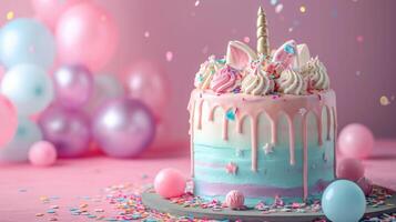 AI generated birthday unicorn cake with condles, balloons, confetti on minimalist vivid background with copy space photo