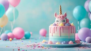 AI generated birthday unicorn cake with condles, balloons, confetti on minimalist vivid background with copy space photo