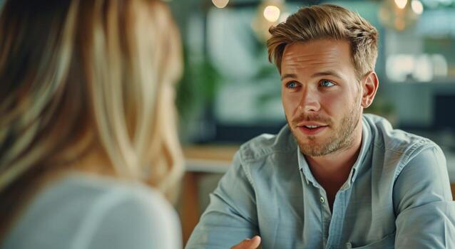 AI generated a man talks about his own experience on an interview with a woman photo