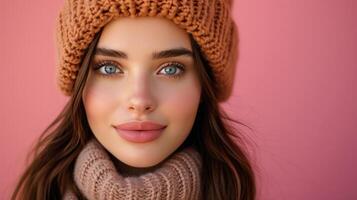 AI generated Close-up portrait of beautiful young brunette woman in knitted hat on minimalist vivid background photo