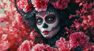 AI generated a young woman with red makeup, mask and flowers photo