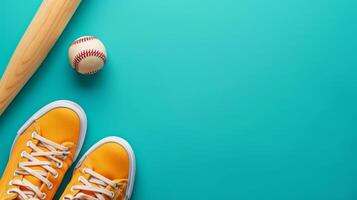 AI generated baseball bat, baseball ball and sneakers on minimalist vivid background with copy space photo