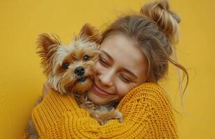 ai generado un mujer abrazando su pequeño perro en un amarillo antecedentes linda foto