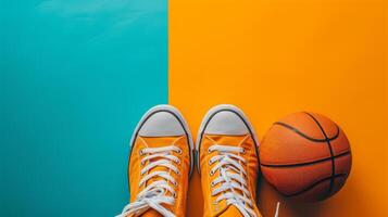 ai generado baloncesto pelota y zapatillas en minimalista vívido antecedentes con Copiar espacio foto