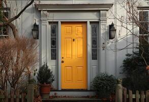 ai generado un amarillo puerta en un blanco casa foto