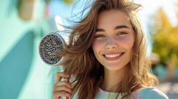 AI generated Beautiful girl holding a hairdryer over isolated blue background photo