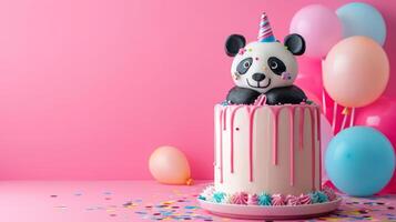 AI generated birthday panda cake with condles, balloons, confetti on minimalist vivid background with copy space photo