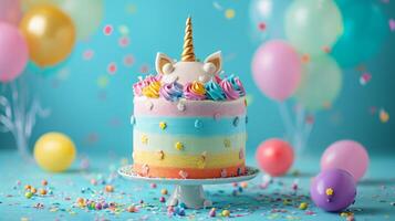 AI generated birthday unicorn cake with condles, balloons, confetti on minimalist vivid background with copy space photo