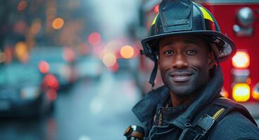 ai generado un afroamericano hombre en un bombero uniforme en pie cerca un fuego camión foto