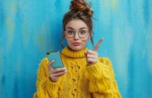 ai generado un joven mujer señalando a su teléfono mientras señalando hacia arriba foto