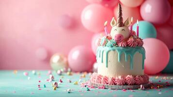 AI generated birthday unicorn cake with candles, balloons, confetti on minimalist vivid background with copy space photo