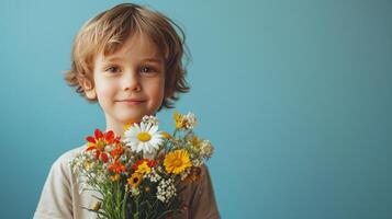 AI generated boy with flower bouquet on minimalist background with copy space photo