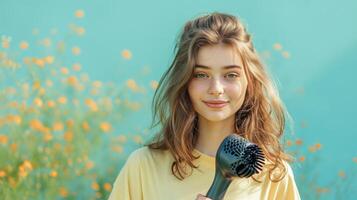 ai generado hermosa niña participación un secador de pelo terminado aislado azul antecedentes foto