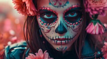 AI generated beautiful girl in leather jacket and flowers wears sugar skull makeup photo