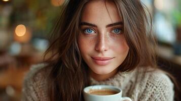 AI generated Close-up portrait of beautiful young brunette woman with coffee photo