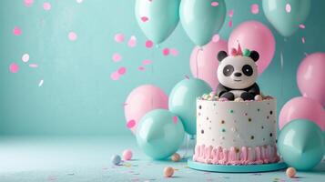 AI generated birthday panda cake with condles, balloons, confetti on minimalist vivid background with copy space photo