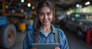 ai generado hembra auto mecánico participación su tableta, contento y sonriente foto