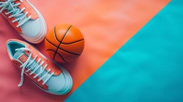 ai generado baloncesto pelota y zapatillas en minimalista vívido antecedentes con Copiar espacio foto