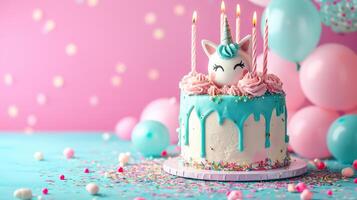 AI generated birthday unicorn cake with candles, balloons, confetti on minimalist vivid background with copy space photo