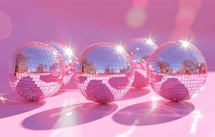 AI generated four pink disco balls on a pink background, pop inspo, mirrored, happycore, photo