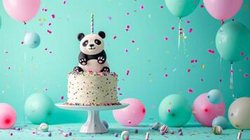 AI generated birthday panda cake with condles, balloons, confetti on minimalist vivid background with copy space photo