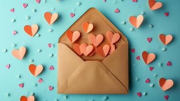 AI generated envelope with paper hearts on minimalist vivid background with copy space photo