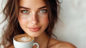 AI generated Close-up portrait of beautiful young brunette woman with coffee photo
