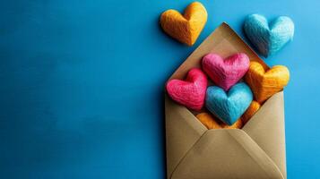 AI generated envelope with paper hearts on minimalist vivid background with copy space photo