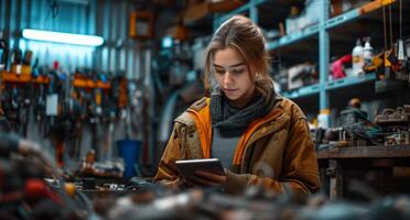 AI generated female mechanic using tablet or cell phone in garage photo