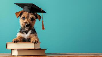 AI generated globe, books and cute dog in graduation cap on minimalist vivid background with copy space photo