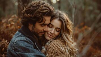 AI generated couple is hugging and sitting close in the forest photo