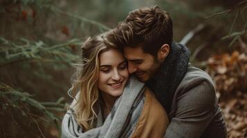 AI generated couple is hugging and sitting close in the forest photo