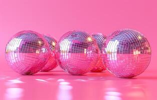 AI generated four pink disco balls on a pink background, pop inspo, mirrored, happycore, photo