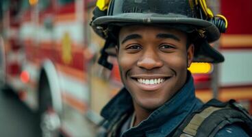 ai generado bombero vistiendo un casco y sonriente en frente de fuego camión foto