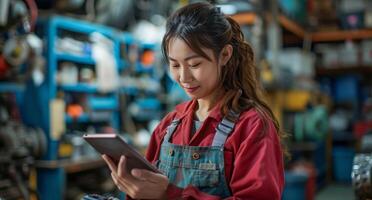 AI generated female mechanic using tablet or cell phone in garage photo